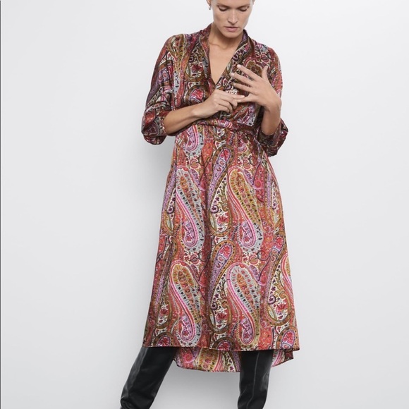 ZARA BNWT Paisley Printed Satin Dress with Belt - Picture 2 of 7